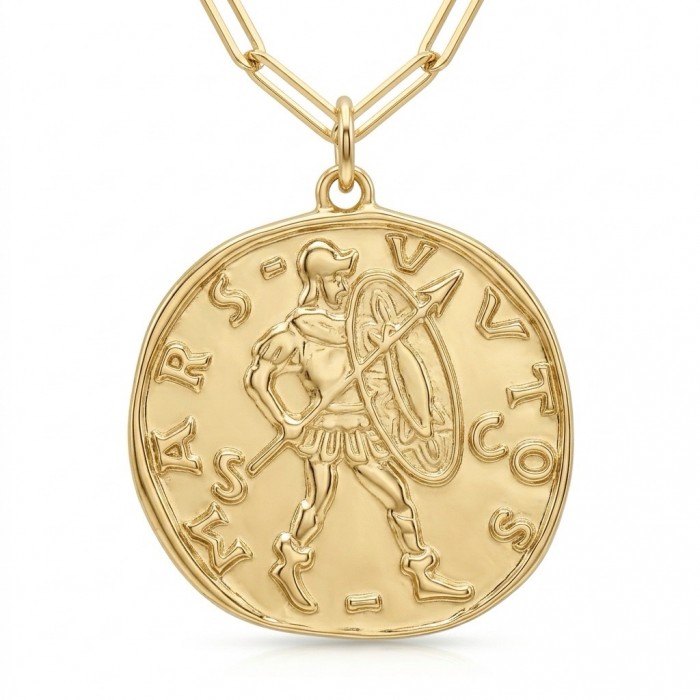 Ave Caesar - Vintage Style Coin .925 Sterling silver and plated with 14K Gold handcrafted necklace - Gold coin pendant with warrior design, front view on chain.