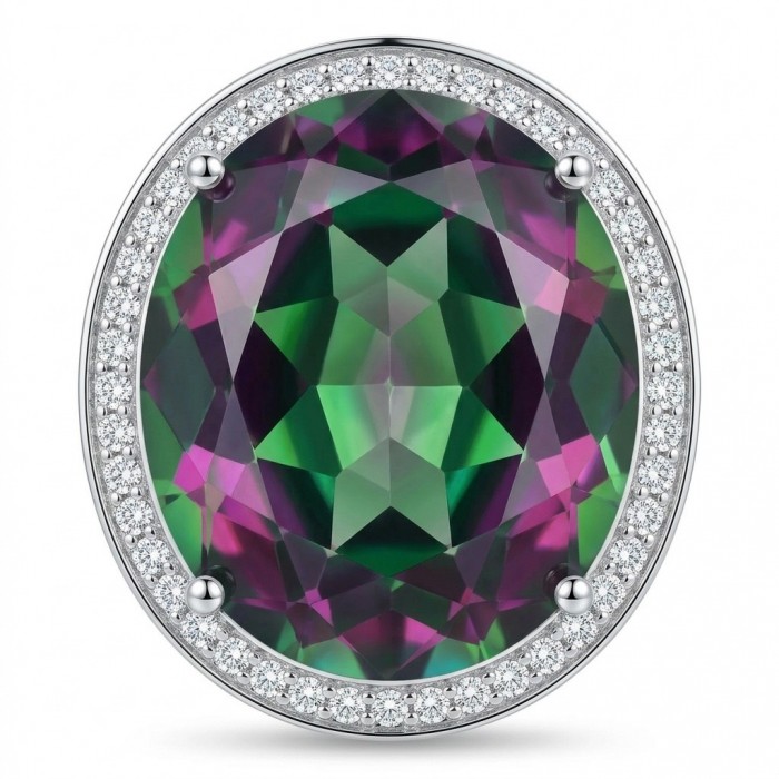 Massive 25.8 carat Mystic Topaz .925 Sterling Silver handcrafted Large ring size 7 - Mystic Topaz stone close-up with diamond halo in sterling silver setting.