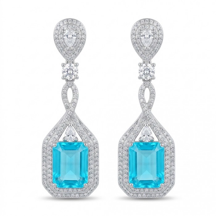 Bellissima Incredible 12.5 carat Paraiba Tourmaline .925 Sterling Silver entirely handmade earrings - Elegant paraiba tourmaline earrings with diamond accents, front view.