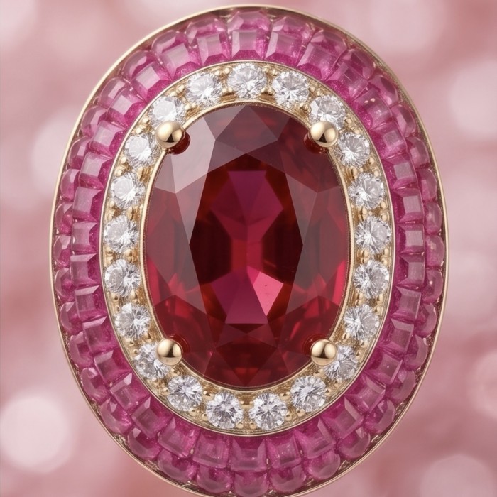 Precious - Art Deco 10.2 carat Ruby .925 Sterling Silver handmade earrings - Close-up of Art Deco style 23.2 carat ruby ring with pink and clear stones.
