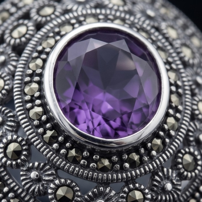 Liliana 7.5 carat Amethyst .925 Sterling Silver Handcrafted Ring size 7 1/4 - Stone close-up of amethyst in sterling silver setting with intricate design.