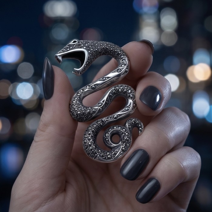 Divine Fire - Large 2 5/8 inches long Cobra Snake genuine Marcasite .925 Sterling Silver handmade Pendant - Hand holding a cobra snake brooch with sparkly details, night backdrop.