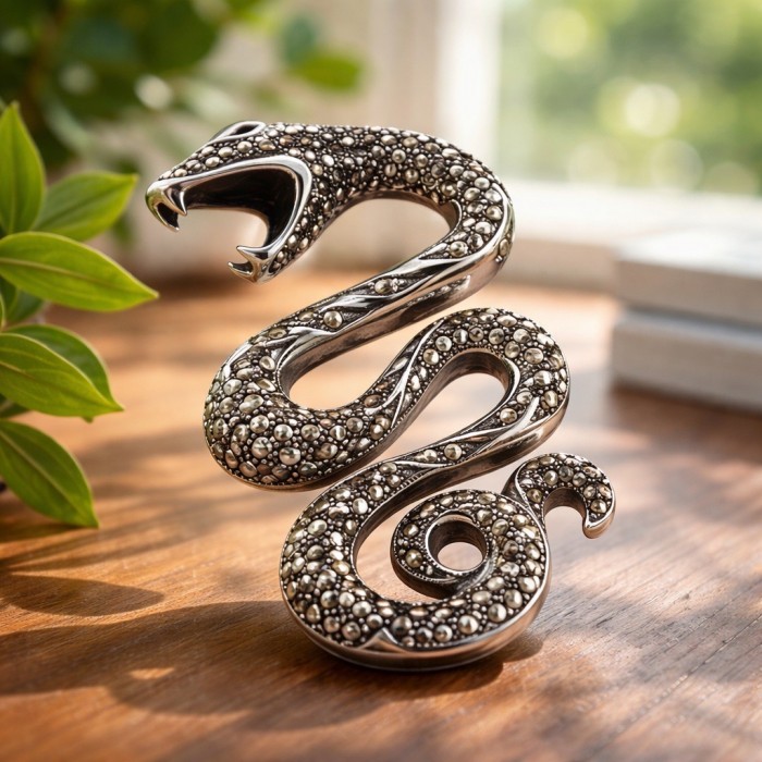 Divine Fire - Large 2 5/8 inches long Cobra Snake genuine Marcasite .925 Sterling Silver handmade Pendant - Cobra snake jewelry, side view on wood surface with plants in background.