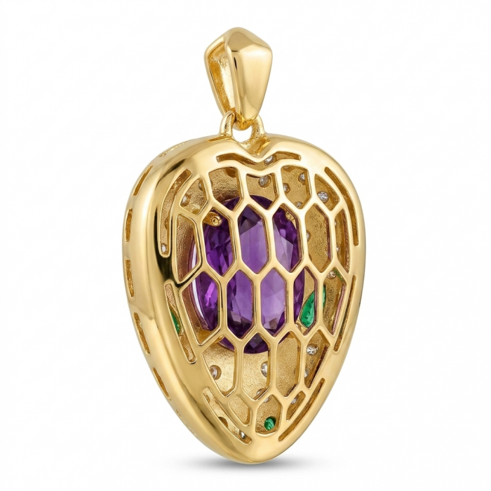 Seducer - Cobra 10.5 carat Amethyst 22K Gold over .925 Sterling Silver handcrafted Pendant - Side view of Seducer Cobra pendant with amethyst and gold lattice design.