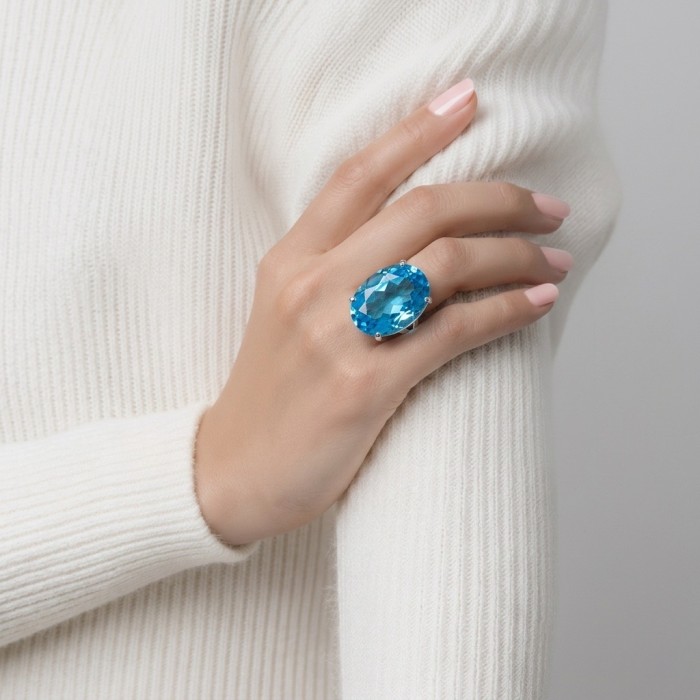 ENCHANTED OCEAN 28.3 carat Swiss Blue Topaz .925 Sterling Silver dipped in rhodium handcrafted Large ring size 8 - Worn on hand: ENCHANTED OCEAN 28.3 ct Swiss Blue Topaz ring in sterling.