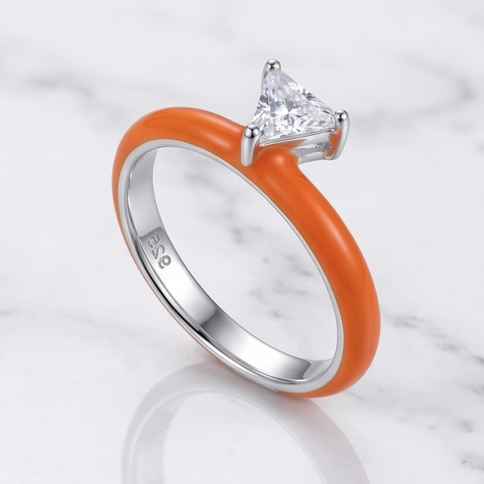 Natural 0.8 carat WHITE TOPAZ and Enamel .925 Sterling Silver Huge handcrafted Ring s. 6 - Side view of white topaz ring with orange enamel and sterling silver band.