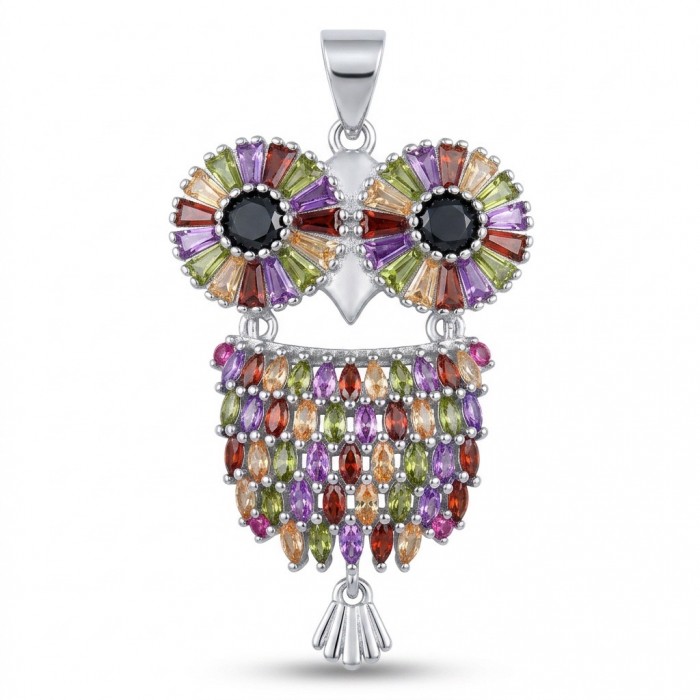 Precious Owl - 12.5 CARAT Multigem .925 Sterling Silver handcrafted pendant - Front view of multigem owl pendant in sterling silver.