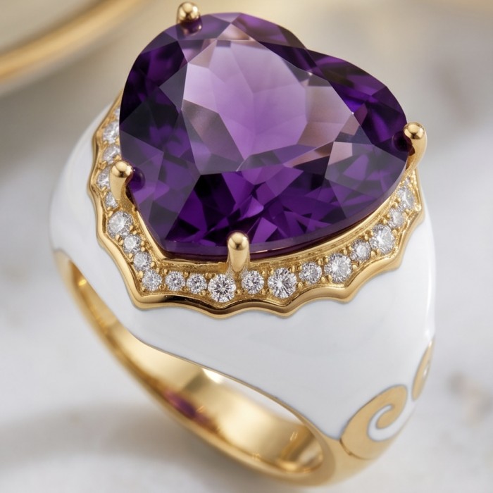 Lavender Love 10.5 carat natural Amethyst Enamel 22K Gold over .925 Sterling Silver Handcrafted Ring size 7 1/2 - Amethyst ring close-up with 22K gold and diamond accents on white enamel.