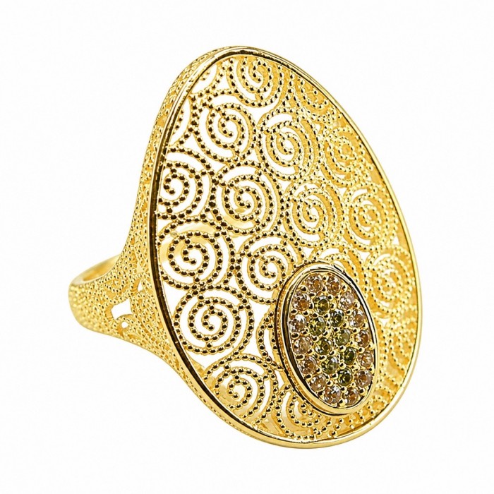 Dubai Style .925 Sterling Silver dipped in 22K Gold handmade Large ring size 8 - Side view of gold-plated filigree ring with spiral and gem details.