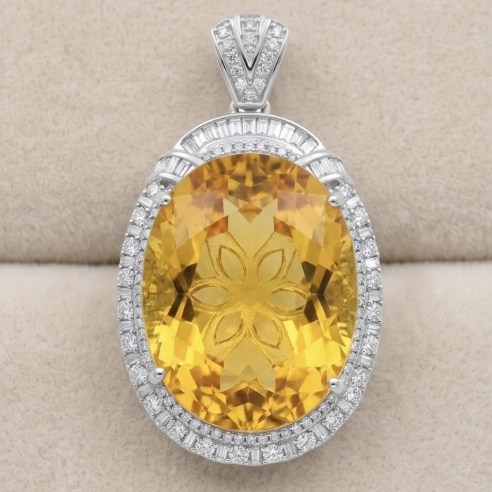 Angel's Wish Luxurious 36.7 carat yellow Sapphire .925 Sterling Silver handcrafted pendant - Close-up of Angel's Wish yellow sapphire pendant with diamond accents