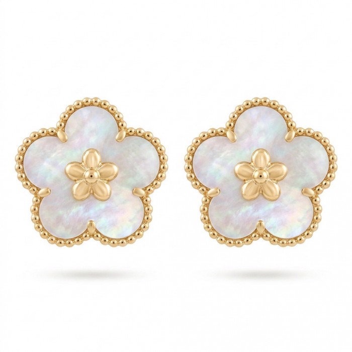Genuine Blister Pearl .925 Sterling Silver handcrafted Statement Earrings - Close-up of flower-shaped pearl and gold stud earrings