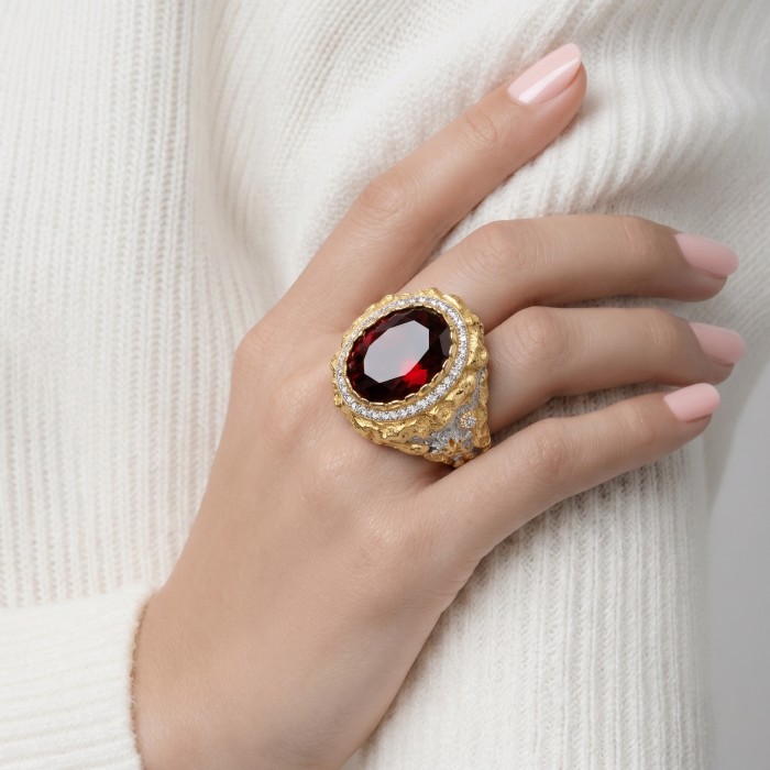 Empress of Love 24.6 ctw Mozambique Ruby .925 Sterling Silver dipped in 22K Gold handcrafted Statement Ring size 9 - Mozambique Ruby ring worn on hand, gold and silver setting.