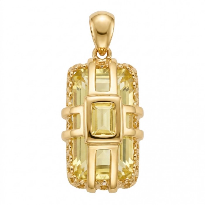 Emerald cut 10.3 carat Lemon Quartz 18K Gold over .925 Sterling Silver handcrafted pendant - Front view of emerald cut 10.3 carat lemon quartz pendant in 18K gold.