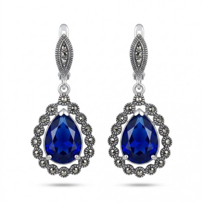 Julietta 15.5 carat London Blue Topaz Marcasite .925 Sterling Silver handmade Statement earrings - Front view of Julietta blue topaz and marcasite sterling earrings
