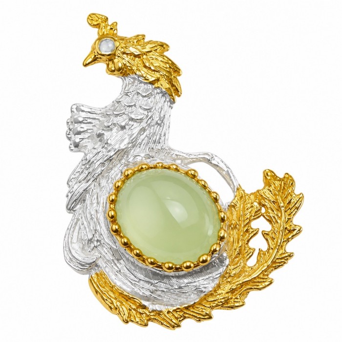 Green Rooster 11.2 carat Prehnite 2 tones .925 Sterling Silver handmade Brooch - Rooster brooch with green prehnite, gold and silver detail, front view.