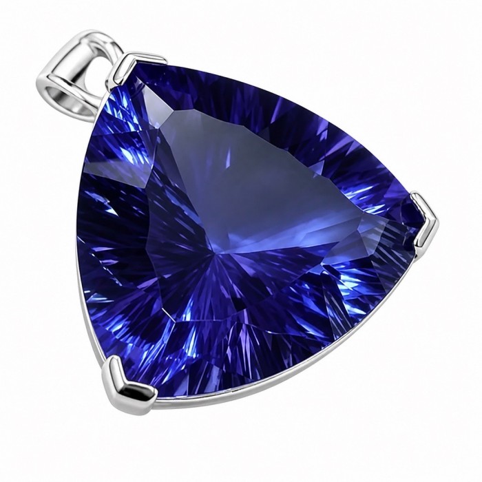 Fancy Trillion Cut Perfect 14.5 carat natural Tanzanite .925 Sterling Silver handcrafted Pendant - Close-up of fancy trillion cut tanzanite pendant in a silver setting.