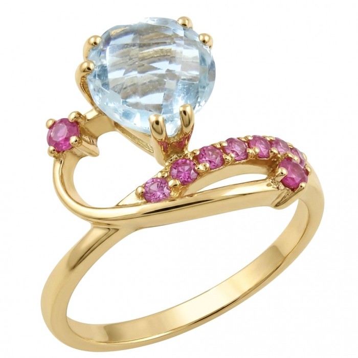 Atlantica 4.8 carat Swiss Blue Topaz 18K Gold over .925 Sterling Silver dipped in rhodium handcrafted ring size 8 - Elegant gold ring with blue topaz and pink stones, side view.