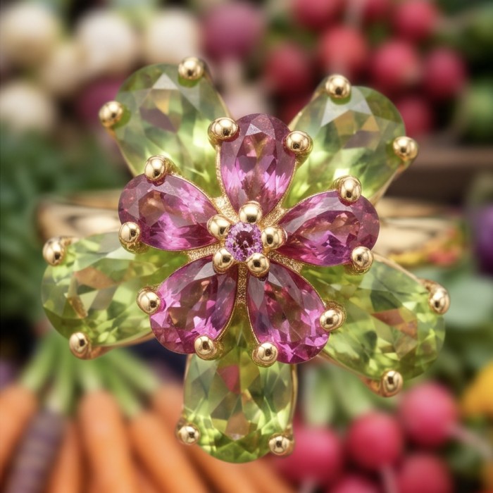 Flower 4.2 carat Peridot Ruby 18K Gold over .925 Sterling Silver Handcrafted Ring size 8 - Close-up of flower ring with peridot and ruby gemstones, 18K gold setting.