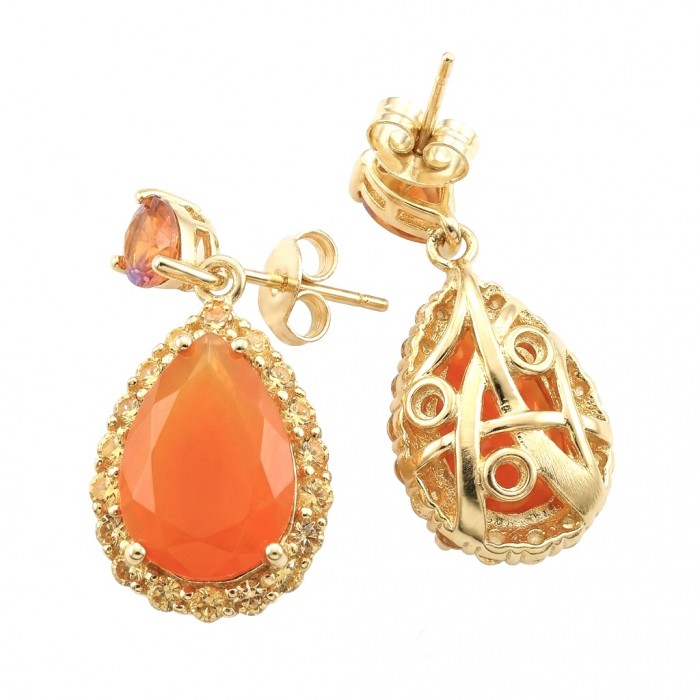 Summer Exuberance natural 10.5 carat Orange Carnelian 22K Gold over .925 Sterling Silver handmade earrings - Gold earrings with orange carnelian, front and back view.