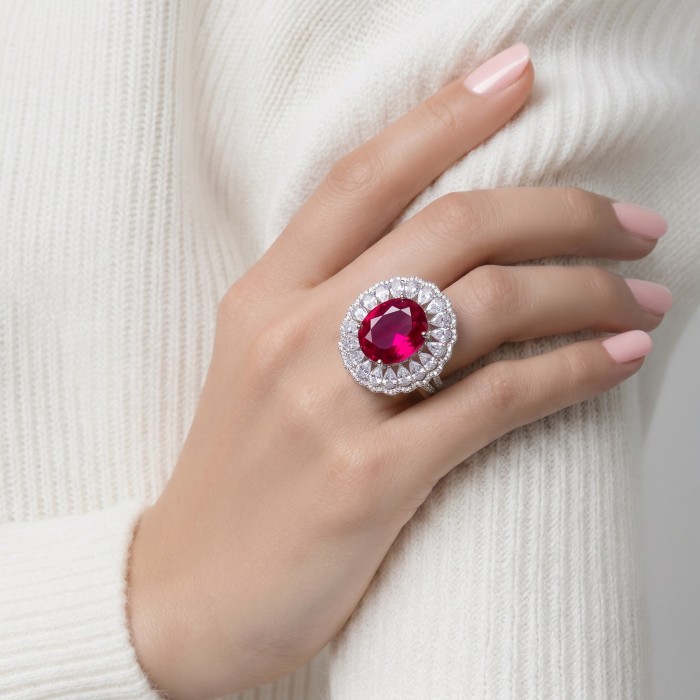 Scarlett 19.7 ctw Mozambique Star Ruby .925 Sterling Silver dipped in 18K WHITE Gold handcrafted Statement Ring size 7 - Scarlett 19.7 ctw star ruby ring worn on hand, front view close-up.
