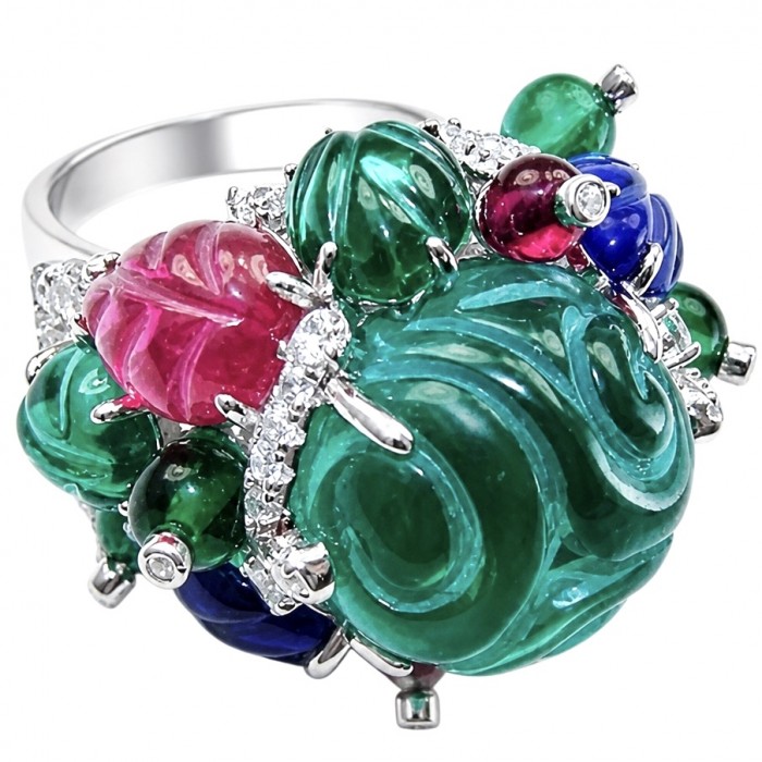 Large Natural 41.5 carat carved Emerald Ruby Sapphire rhodium over .925 Sterling Silver handcrafted ring size 8 1/4 - Close-up of carved emerald, ruby, sapphire stones in a rhodium setting.