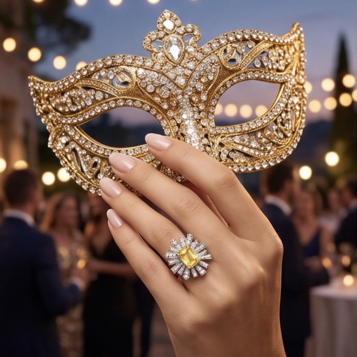 Wearable Art 6.8 carat Genuine Yellow Sapphire .925 Sterling Silver handcrafted ring size 6 1/4 - Gold mask and yellow sapphire ring worn on hand at elegant event