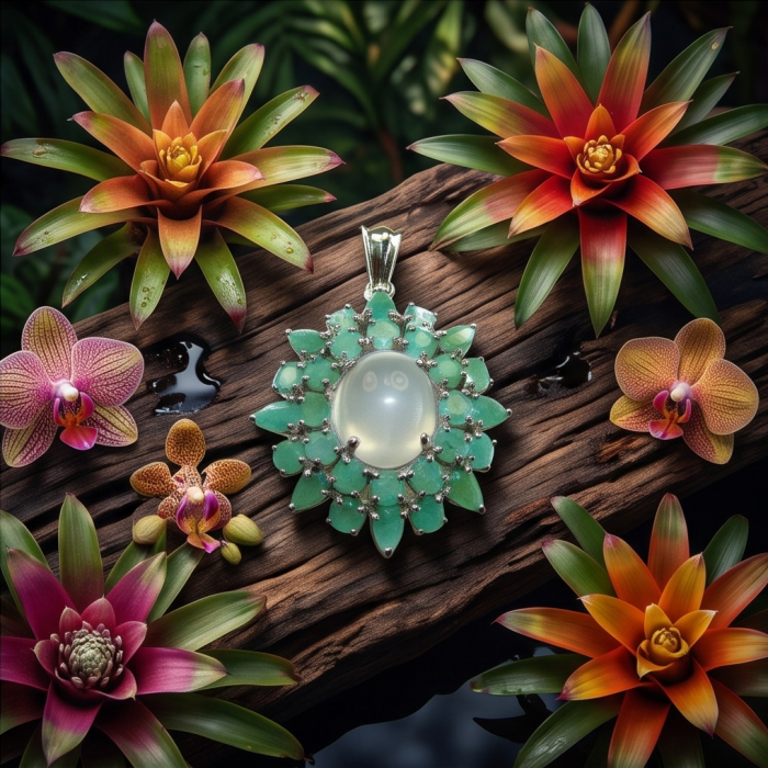 Back to Natura 24.7 carat Brazilian ROSE QUARTZ Emerald Rhodium over .925 Sterling Silver handcrafted pendant - Pendant on wood with colorful flowers; top view of gemstone detail