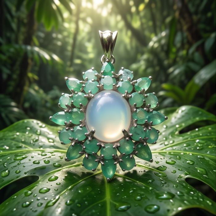 Back to Natura 24.7 carat Brazilian ROSE QUARTZ Emerald Rhodium over .925 Sterling Silver handcrafted pendant - Pendant with rose quartz and emeralds on leaf, front view.