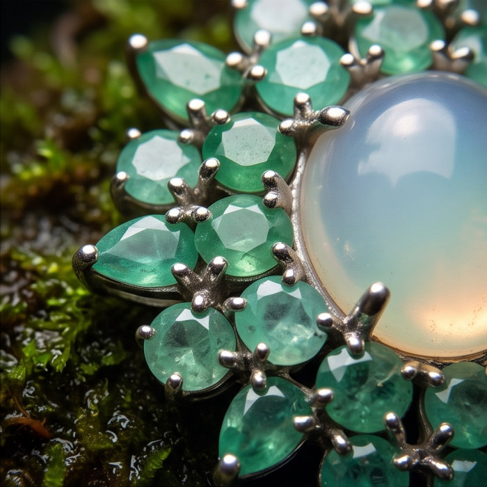 Back to Natura 24.7 carat Brazilian ROSE QUARTZ Emerald Rhodium over .925 Sterling Silver handcrafted pendant - Stone close-up of emerald and rose quartz jewelry piece.