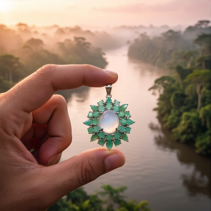 Back to Natura 24.7 carat Brazilian ROSE QUARTZ Emerald Rhodium over .925 Sterling Silver handcrafted pendant - Hand holding pendant with rose quartz and emeralds over river background