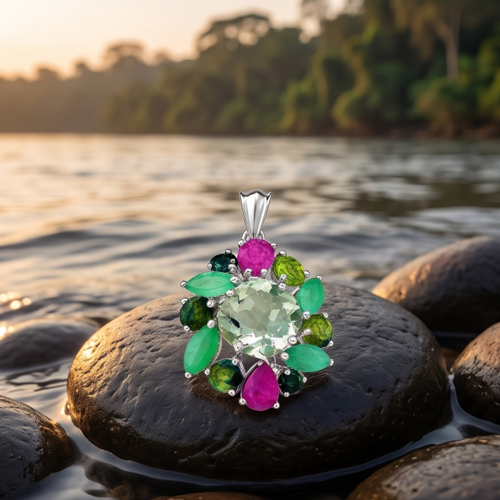 Colors of the Earth Precious 18.5 carat Green Amethyst .925 Sterling Silver dipped in rhodium Pendant - Jewelry pendant on river rocks, featuring green amethyst close-up.