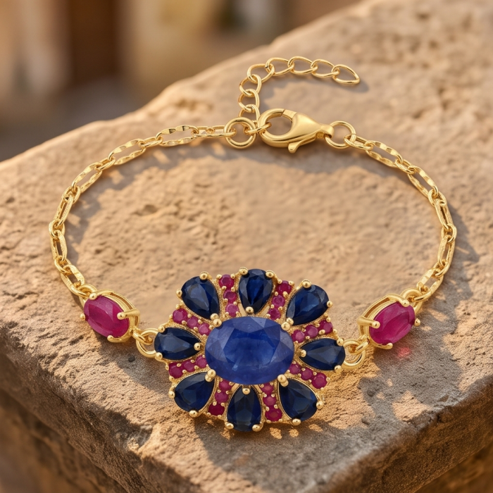 Giovanna 11.4 carat natural Sapphire 18K Gold over .925 Sterling Silver dipped in rhodium Statement bracelet - Top view of Giovanna Sapphire bracelet on a stone surface