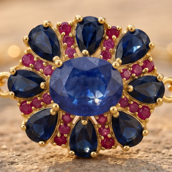 Giovanna 11.4 carat natural Sapphire 18K Gold over .925 Sterling Silver dipped in rhodium Statement bracelet - Close-up of sapphire and ruby stones in 18K gold setting