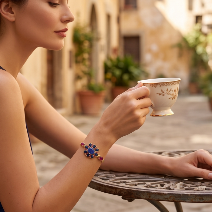Giovanna 11.4 carat natural Sapphire 18K Gold over .925 Sterling Silver dipped in rhodium Statement bracelet - Side view of sapphire bracelet worn on wrist holding teacup.