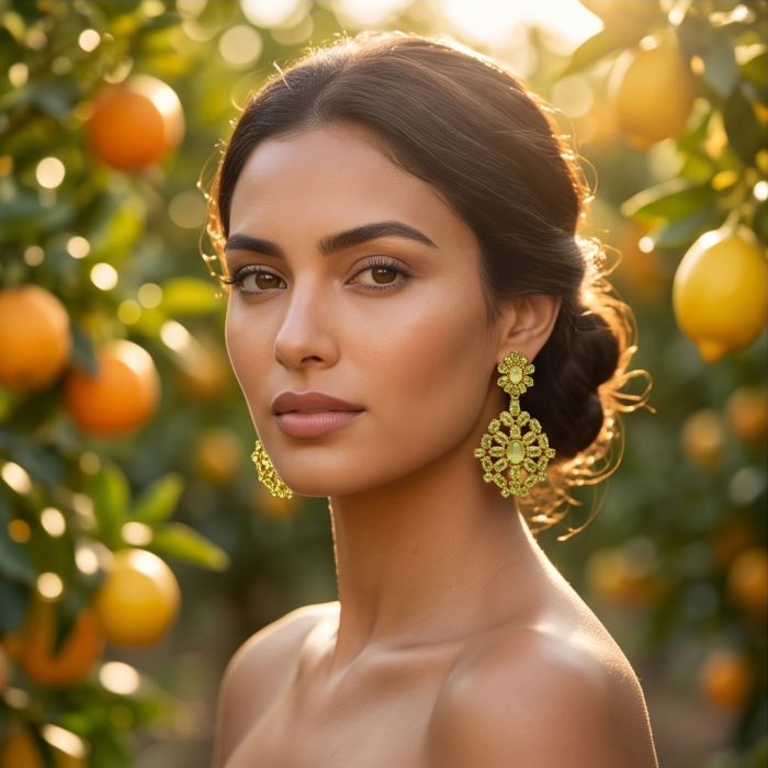 Alessia authentic 41.9 carat Brazilian Peridot 22K Gold over .925 Sterling Silver handmade Large Statement earrings - Woman wearing Alessia Peridot 22K gold earrings, orchard setting.