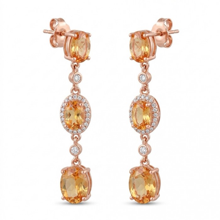 Giovanna - Genuine 4.6 carat orange Sapphire 22K Gold over .925 Sterling Silver handcrafted Statement Earrings - Dangling earrings with orange sapphires, front view, 22K gold setting.