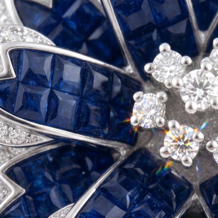 Born to Glam mystery setting 12.2 carat natural Sapphire .925 Sterling Silver Perfectly handcrafted Ring s. 8 - Close-up of sapphire and diamond detail in mystery setting.