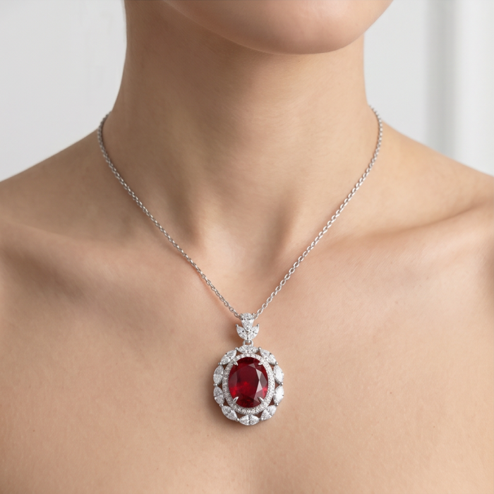 Luxurious 15.9 carat natural Mozambique Ruby .925 Sterling Silver .925 Sterling Silver Statement Necklace - Luxurious ruby and white topaz necklace worn on the neck.