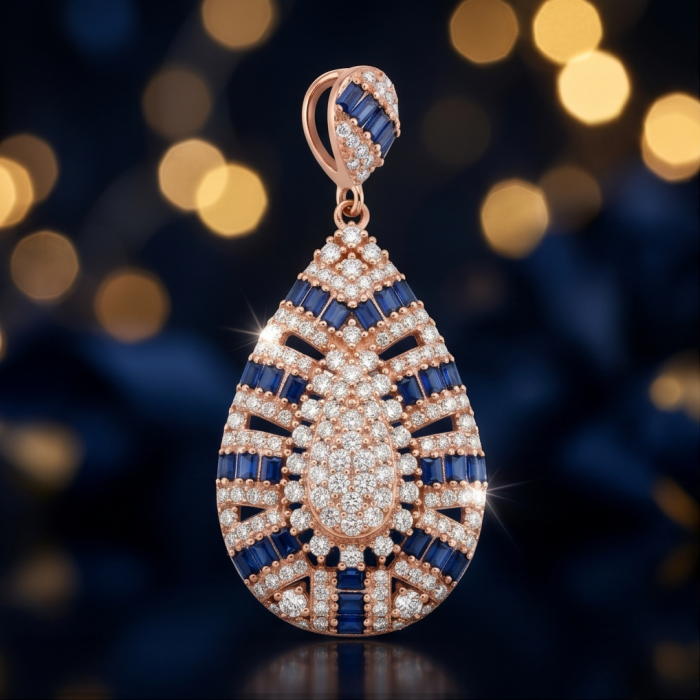 Julietta 7.5 carat genuine pave Sapphire .925 Sterling Silver dipped 18K Rose Gold handmade Pendant - Teardrop sapphire and diamond pendant, front view, on dark background.