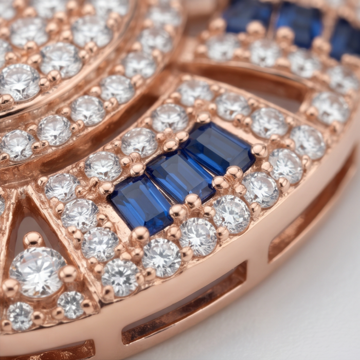 Julietta 7.5 carat genuine pave Sapphire .925 Sterling Silver dipped 18K Rose Gold handmade Pendant - Stone close-up of Julietta sapphire pave with .925 sterling silver setting.