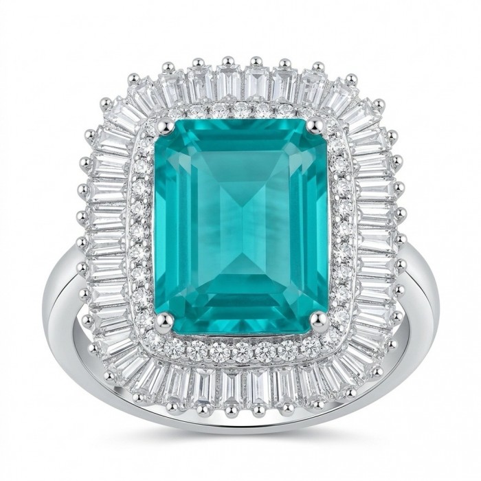 Natural 17.2 carat Colombian Emerald .925 Sterling Silver dipped rhodium handmade Statement Ring size 8 - Emerald ring front view with halo setting in sterling silver