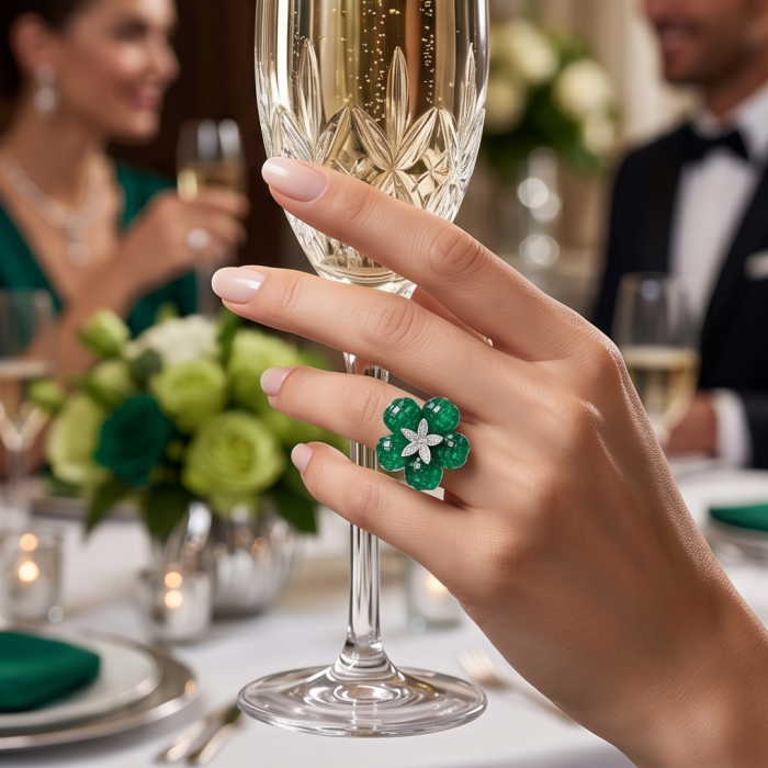 Born to Glam mystery setting 19.2 carat natural Emerald .925 Sterling Silver Perfectly handcrafted Ring s. 7 1/2 - Emerald ring worn on hand holding a champagne glass