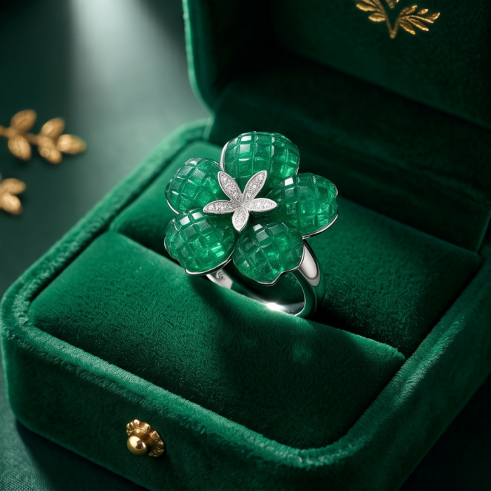 Born to Glam mystery setting 19.2 carat natural Emerald .925 Sterling Silver Perfectly handcrafted Ring s. 7 1/2 - Emerald flower ring in green velvet box, top view