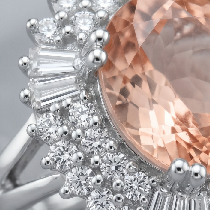 Authentic oval cut 9.2 carat Morganite 14K White Gold over .925 Sterling Silver ring s. 7 1/2 - Close-up of authentic oval cut Morganite ring with diamond accents