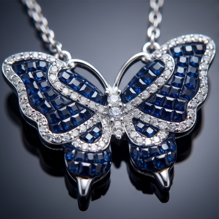 Precious Blue Butterfly mystery setting 14.2 carat natural Sapphire .925 Sterling Silver Necklace - Close-up of butterfly pendant with blue stones and diamonds.