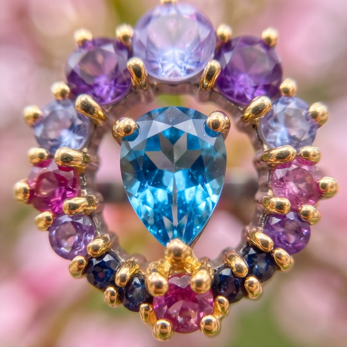 Love is Forever 3.8 carat Sapphire black rhodium over .925 Sterling Silver handcrafted Cocktail Ring s. 6 - Close-up of sapphire ring with colorful gems and gold prongs.