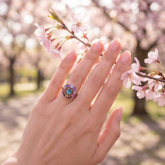 Love is Forever 3.8 carat Sapphire black rhodium over .925 Sterling Silver handcrafted Cocktail Ring s. 6 - Sapphire ring worn on hand with cherry blossoms in background.