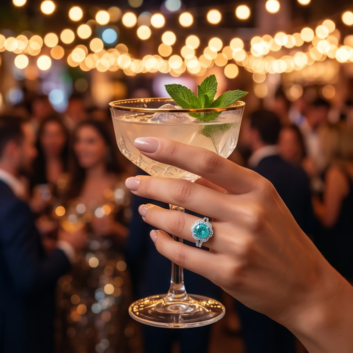 Giovanna - Authentic 9.9 carat COLOMBIAN EMERALD .925 Sterling Silver handcrafted Ring size 7 1/4 - Emerald ring worn on hand, cocktail party setting in background.