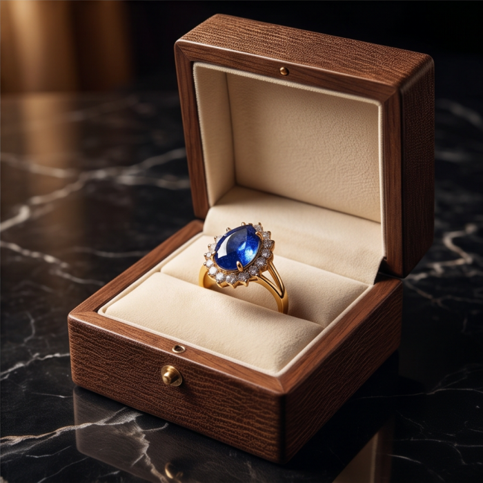 Precious Design pear cut 19.5 CARAT Tanzanite 22K Gold over .925 Sterling Silver Statement Ring s. 7 - Tanzanite gold ring in box, top view on marble surface