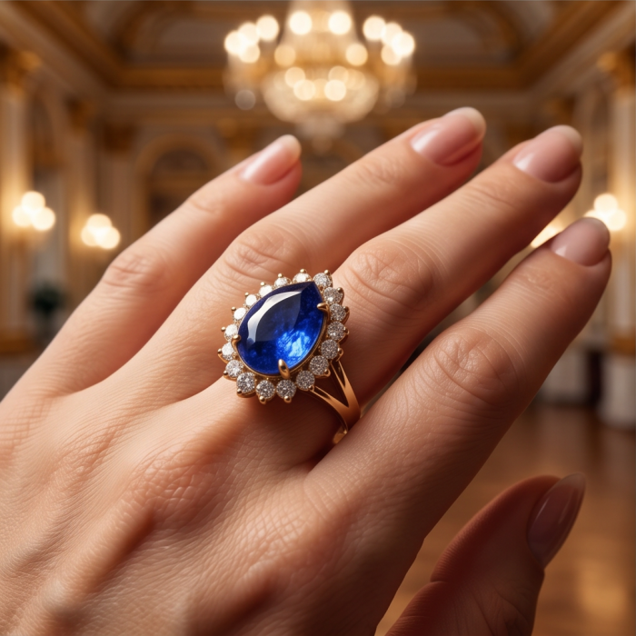 Precious Design pear cut 19.5 CARAT Tanzanite 22K Gold over .925 Sterling Silver Statement Ring s. 7 - Tanzanite ring worn on hand, pear cut, 22K gold setting, close-up angle.